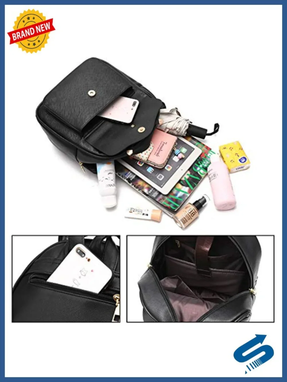 3-Piece Faux Leather Backpack Purse for Women Rucksack Shoulder Bag